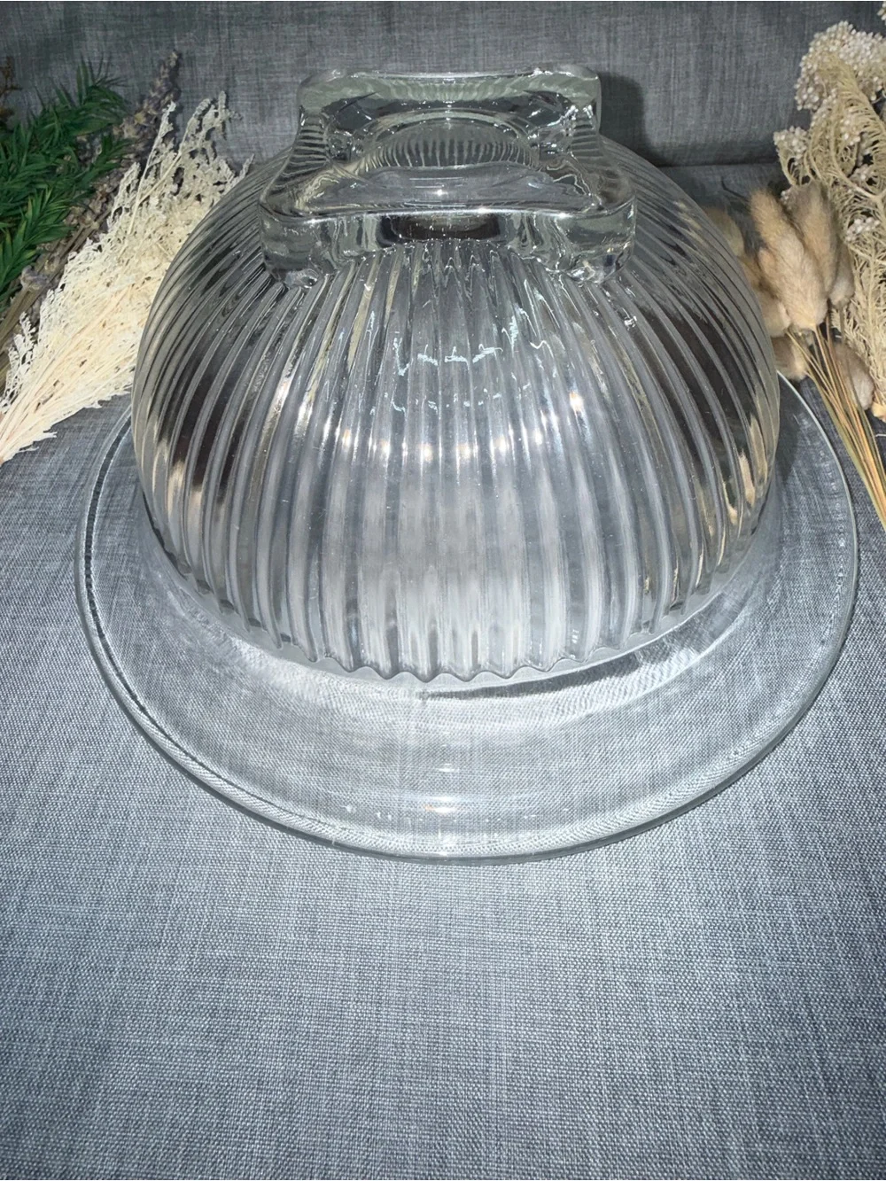 Vintage Clear Glass Ribbed Pedestal Serving Bowl Centerpiece Fruit Bowl 10”